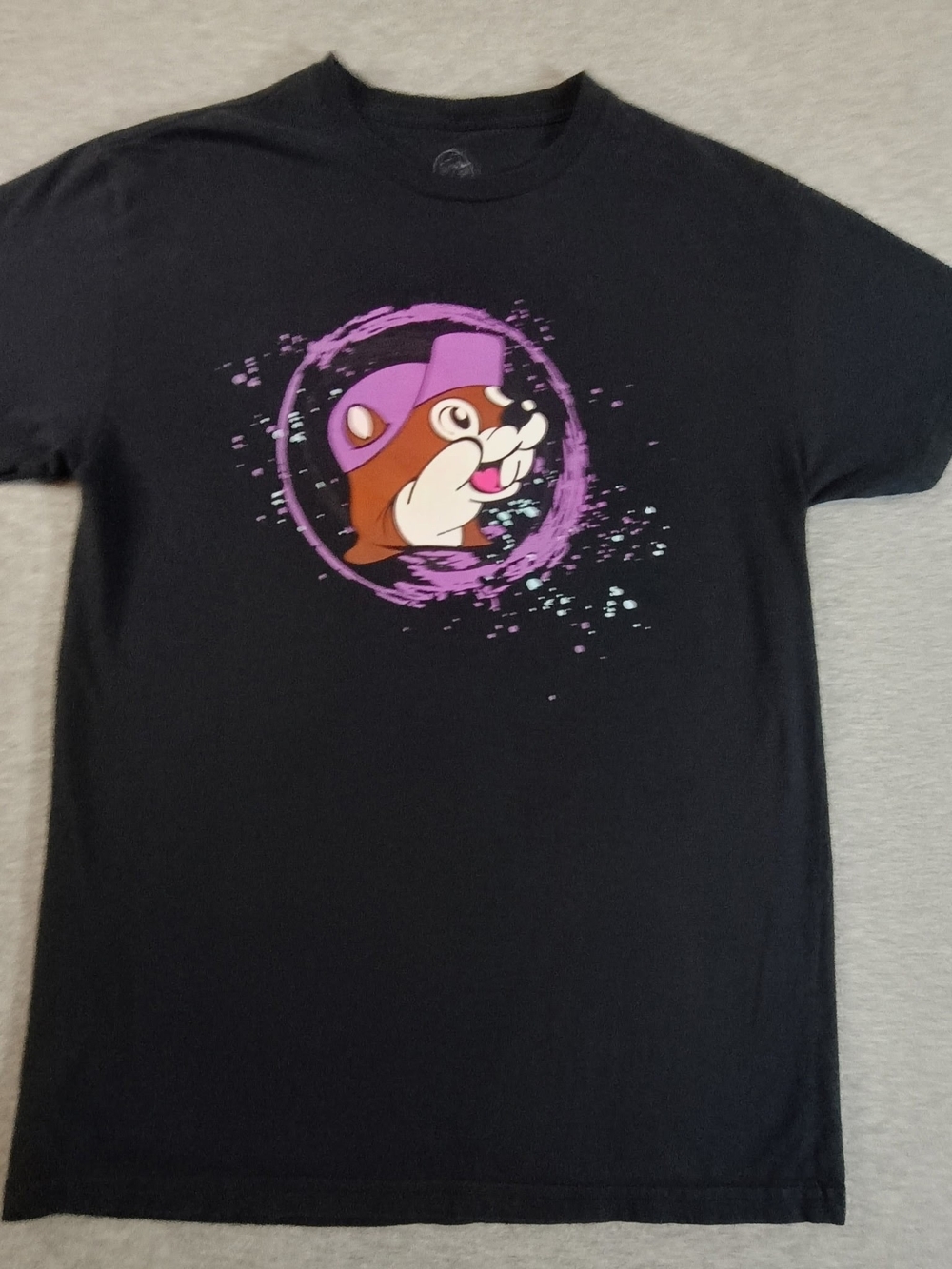Buc-ees  Tee with Purple Cartoon Animal Graphic